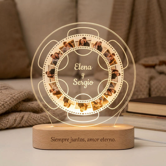 Lámpara carrete de fotos personalizada con nombres LED metacrilato madera haya