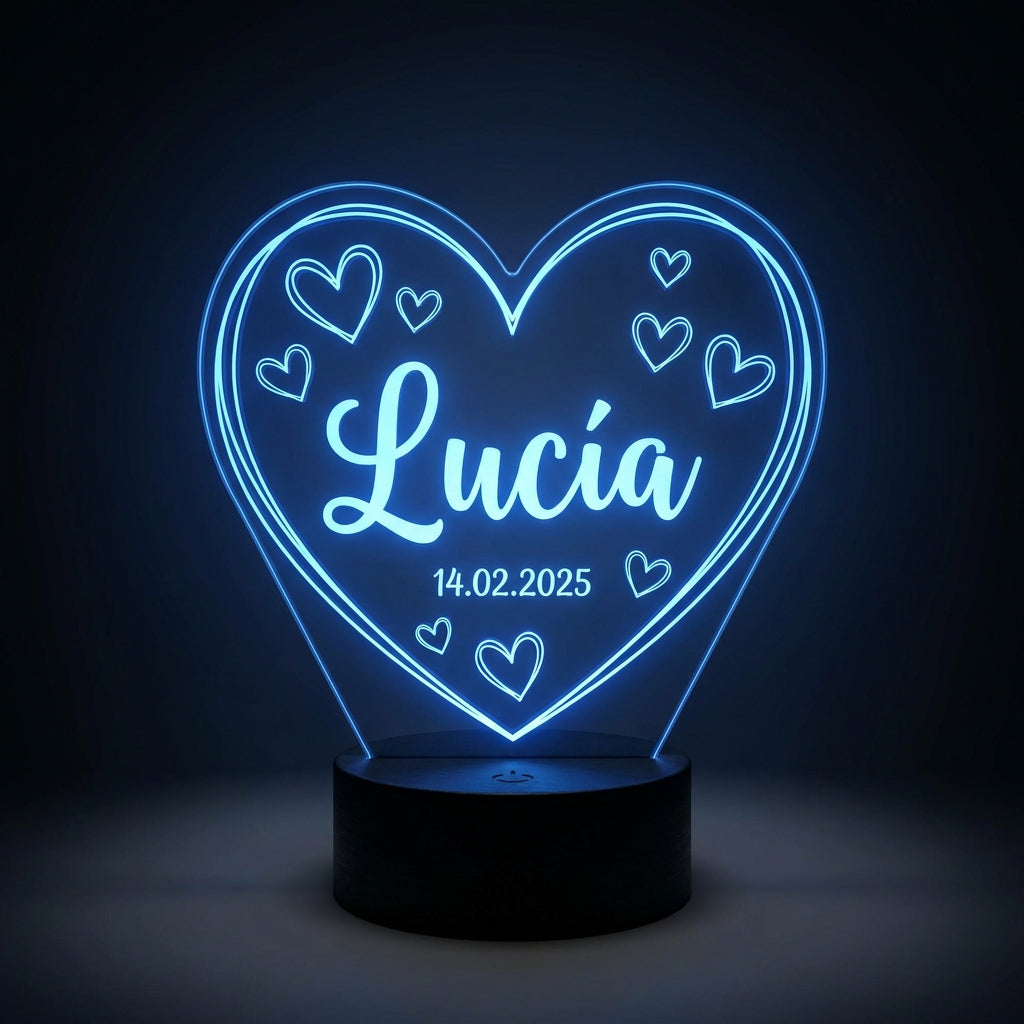 Lámpara corazón azul personalizada con nombres y fecha base negra LED metacrilato