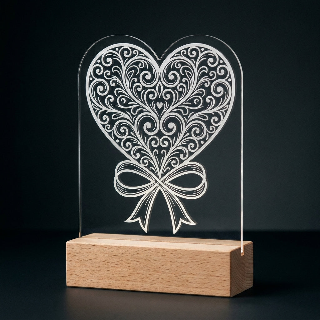 Lámpara corazón infinito line art personalizada con nombres LED metacrilato madera haya