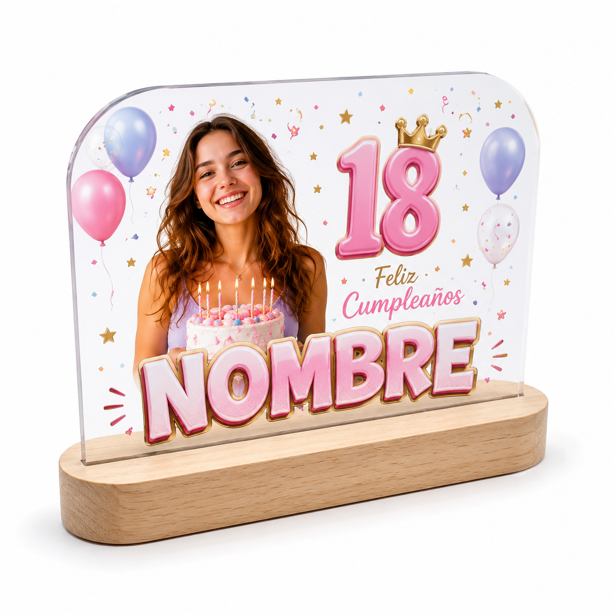 Lámpara personalizada de cumpleaños con foto base madera acrílico