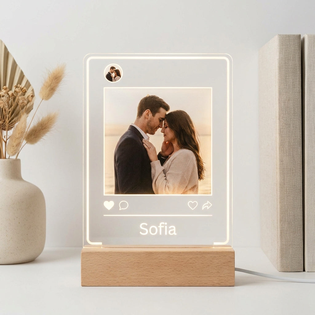 Lámpara estilo Instagram con foto y nombre personalizada LED metacrilato madera haya