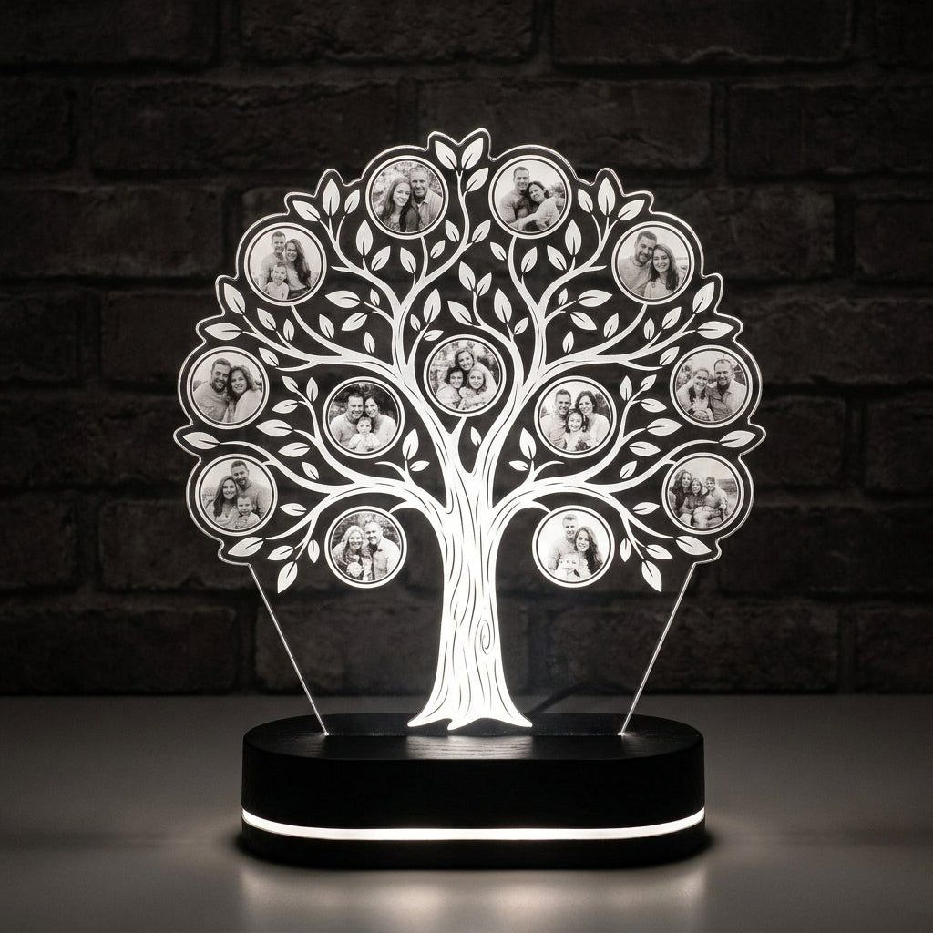 Lámpara familiar árbol de fotos personalizada con nombres LED metacrilato base negra