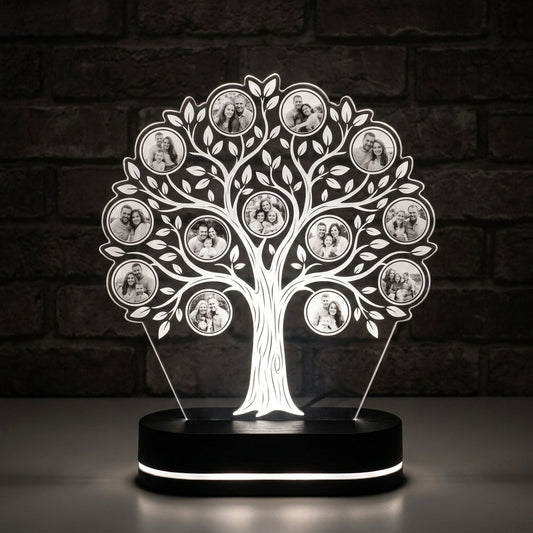 Lámpara familiar árbol de fotos personalizada con nombres LED metacrilato base negra