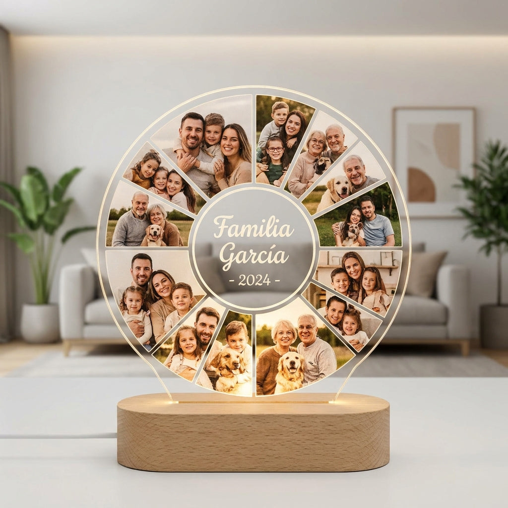 Lámpara familiar collage de fotos circular personalizada LED metacrilato madera haya