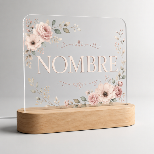Lámpara personalizada floral con nombre decorativa LED madera