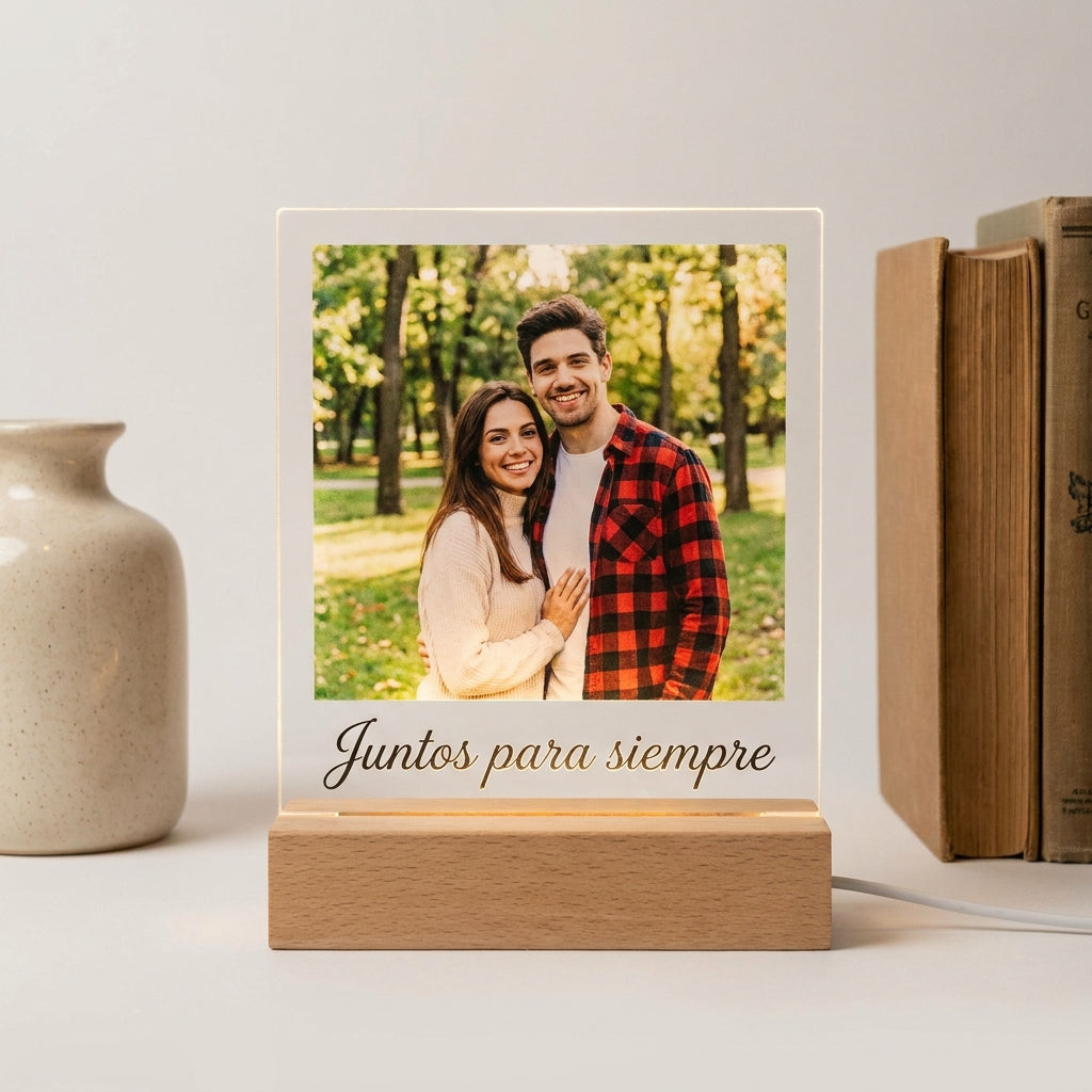 Lámpara foto y texto de pareja personalizada LED metacrilato madera haya