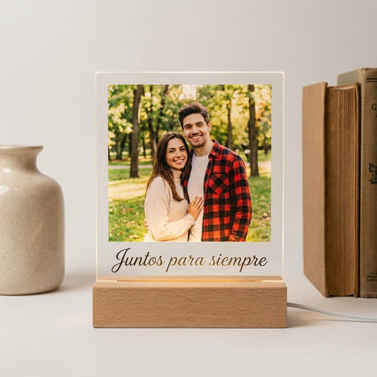 Lámpara foto y texto de pareja personalizada LED metacrilato madera haya