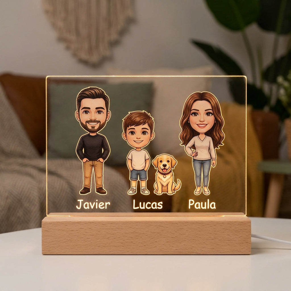 Lámpara familiar funkos con nombres personalizada LED metacrilato madera haya
