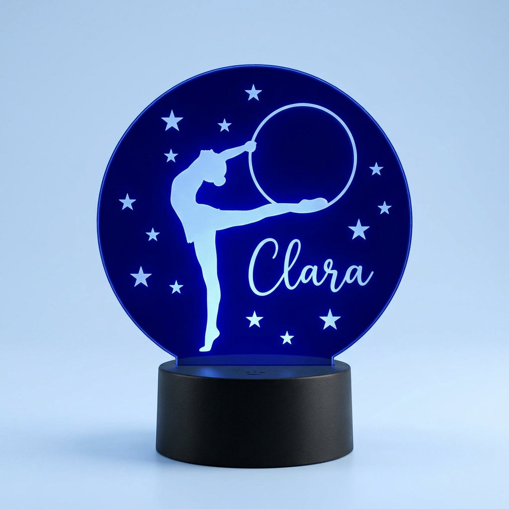 Lámpara de gimnasia personalizada con nombre silueta estrellas azul LED metacrilato base negra