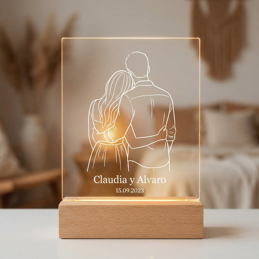 Lámpara ilustración de pareja line art personalizada con nombres LED metacrilato madera haya