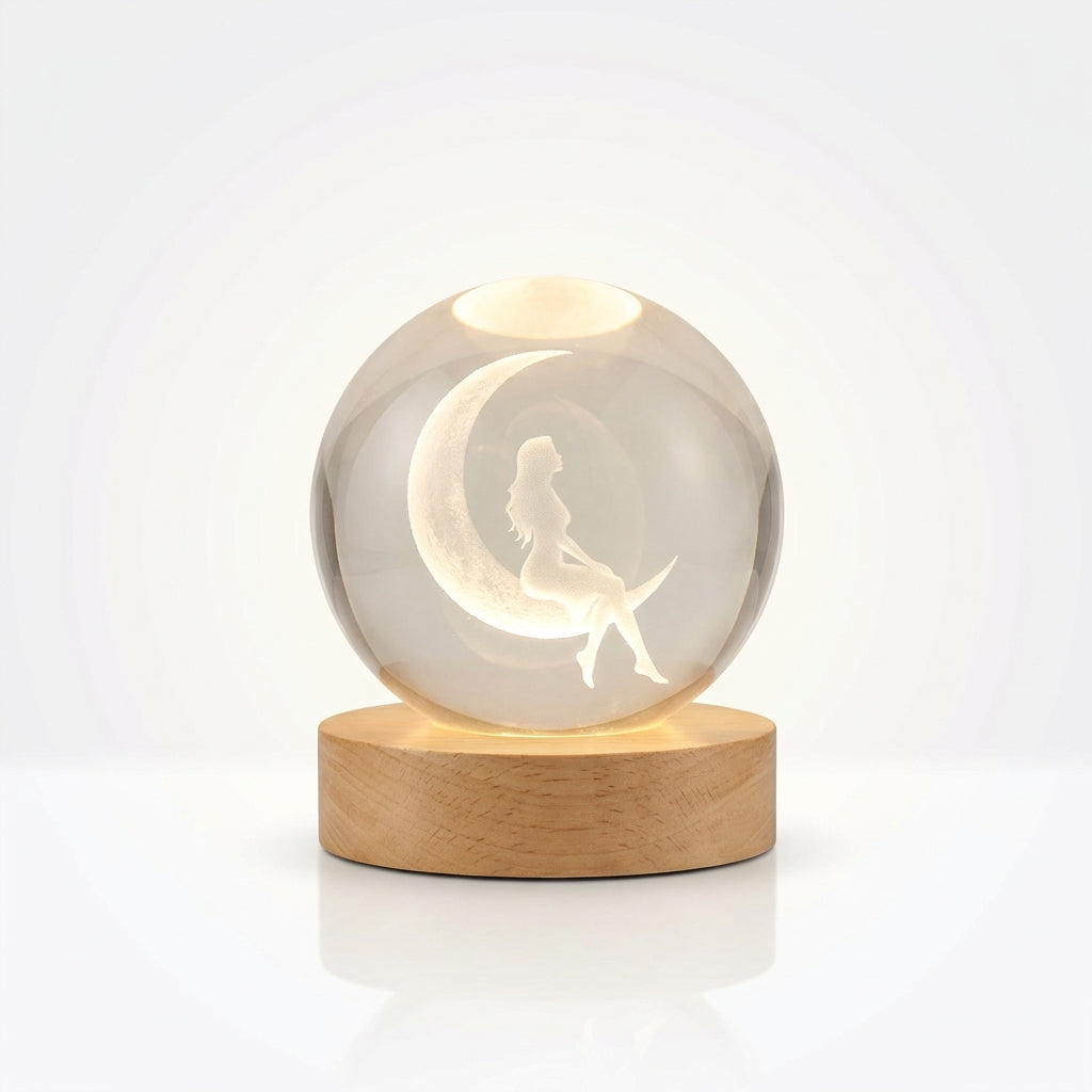 Lámpara lunar esférica silueta mujer personalizada LED metacrilato madera haya