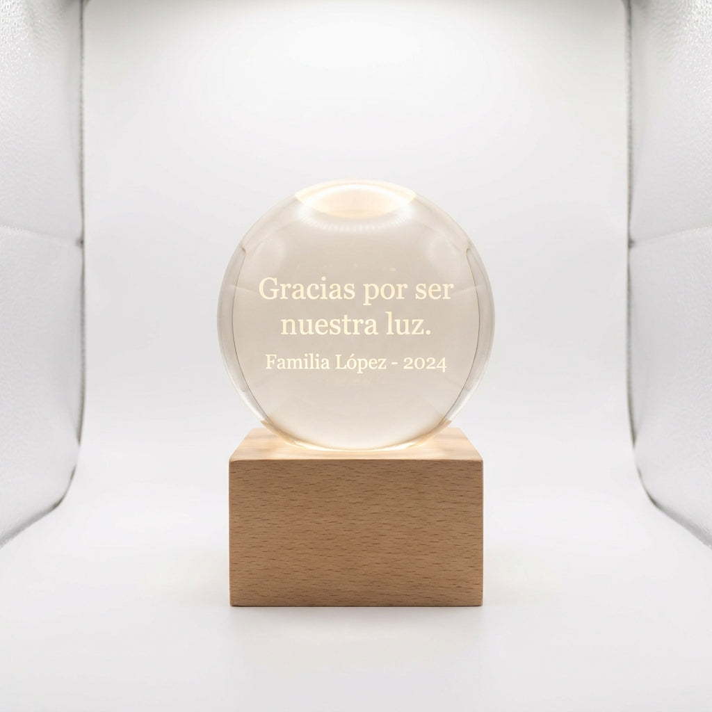 Lámpara para maestro personalizada con mensaje esfera base cúbica madera LED metacrilato