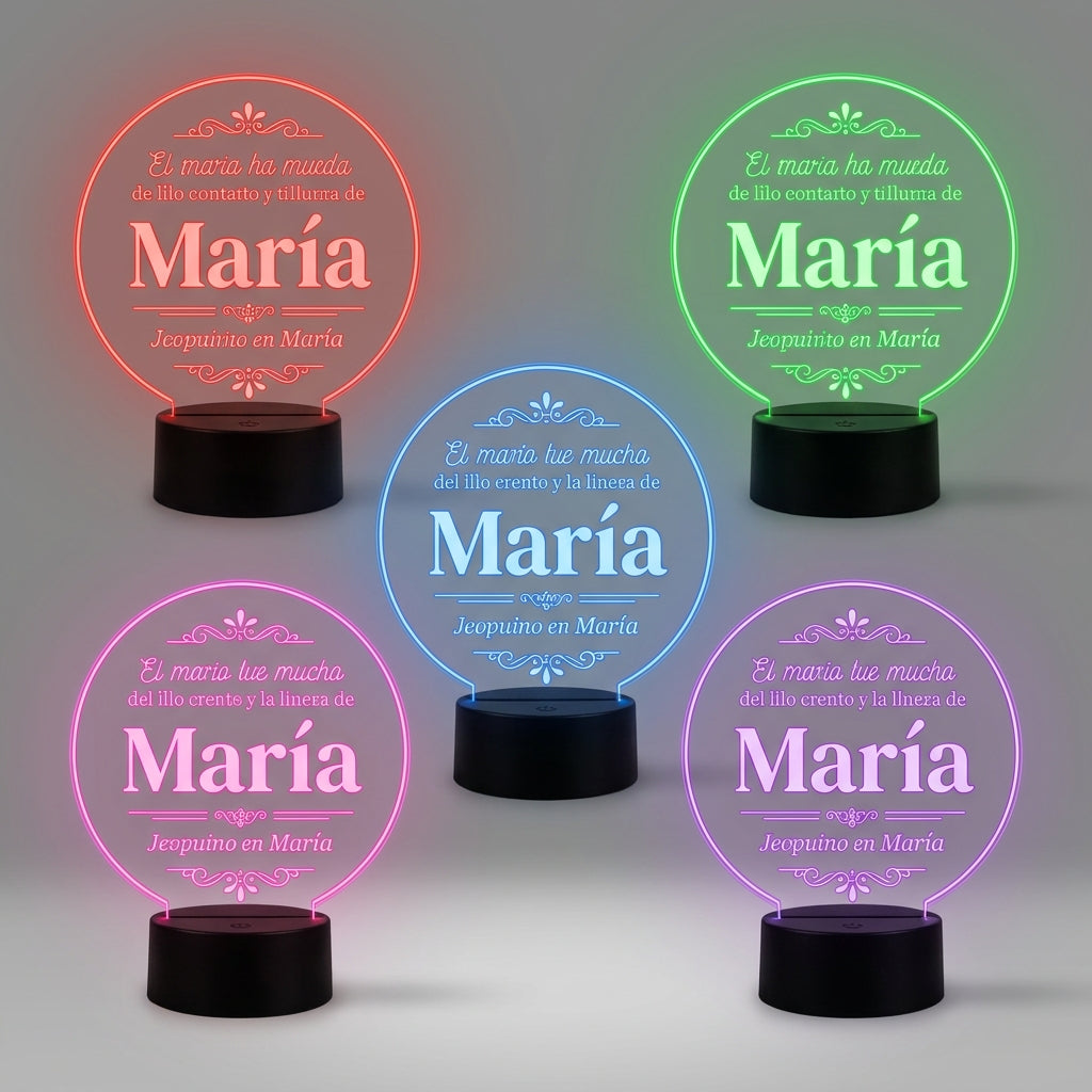 Lámpara redonda nombre y frases multicolor personalizada LED metacrilato base negra