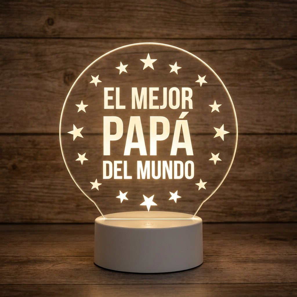 Lámpara papá trofeo y estrellas personalizada con nombre LED metacrilato madera haya