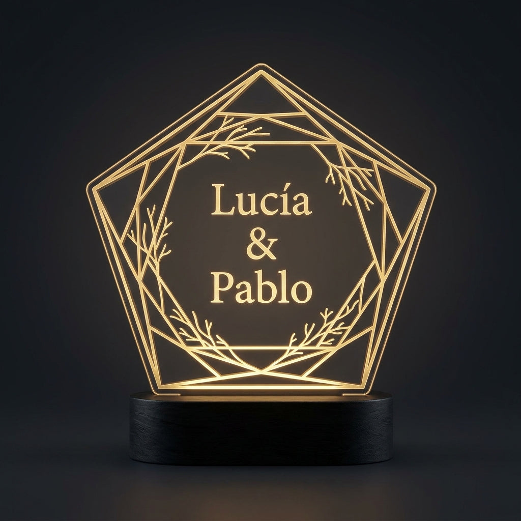 Lámpara de pareja geométrica marco dorado personalizada con nombres LED metacrilato base negra