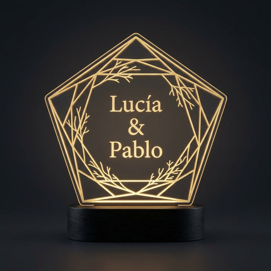 Lámpara de pareja geométrica marco dorado personalizada con nombres LED metacrilato base negra