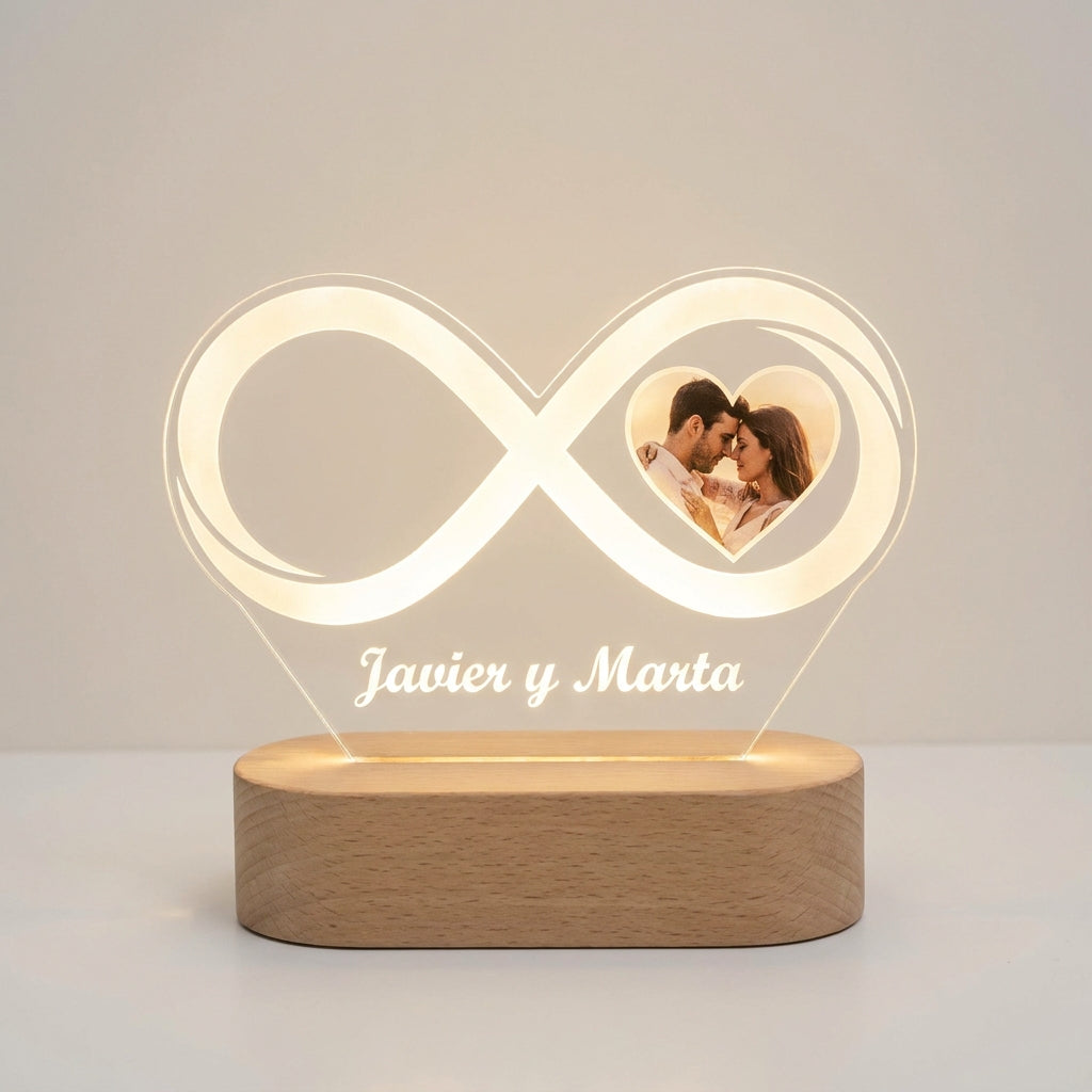 Lámpara pareja infinito corazón con foto personalizada LED metacrilato madera haya