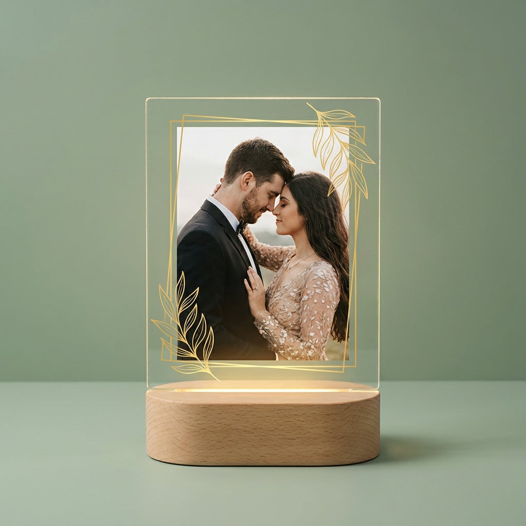 Lámpara de pareja foto marco vegetal dorado personalizada LED metacrilato madera haya