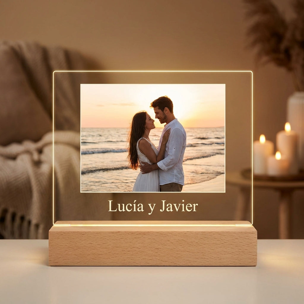 Lámpara de pareja foto y texto personalizada con nombre LED metacrilato madera haya