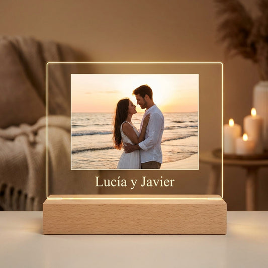 Lámpara de pareja foto y texto personalizada con nombre LED metacrilato madera haya