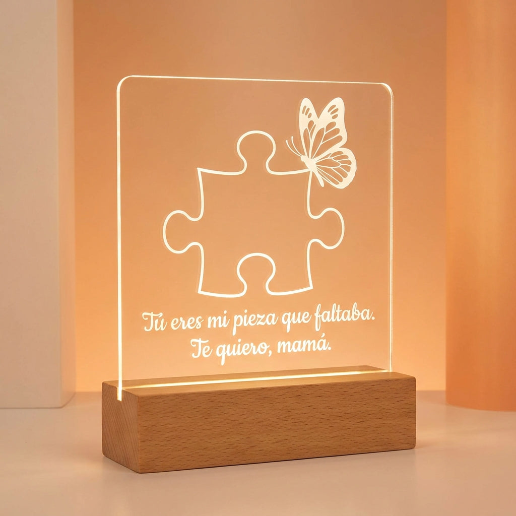 Lámpara puzzle mariposa con frase inspiradora personalizada LED metacrilato madera haya