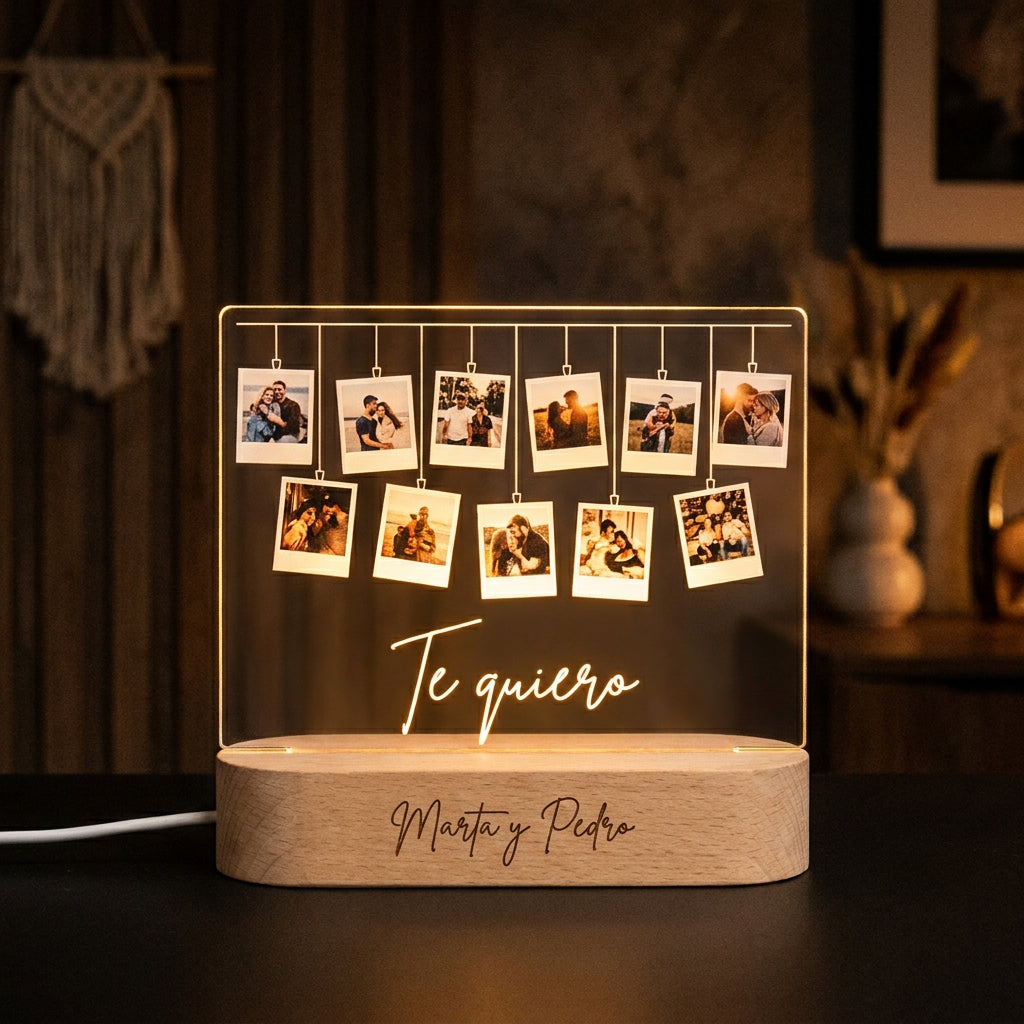 Lámpara polaroid fotos te quiero con nombres personalizada LED metacrilato madera haya