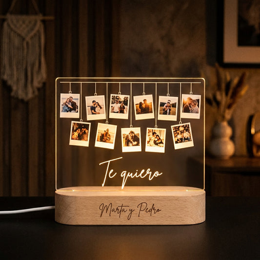 Lámpara polaroid fotos te quiero con nombres personalizada LED metacrilato madera haya