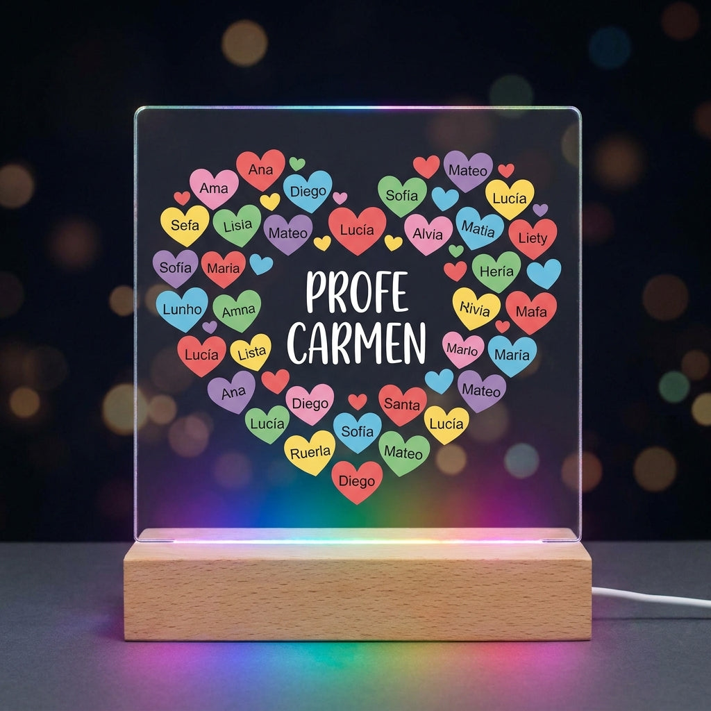 Lámpara para profesora corazones personalizada con nombre LED metacrilato madera haya multicolor
