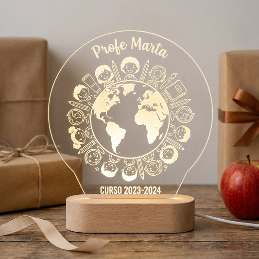 Lámpara para profesora planeta y aula personalizada con nombre LED metacrilato madera haya