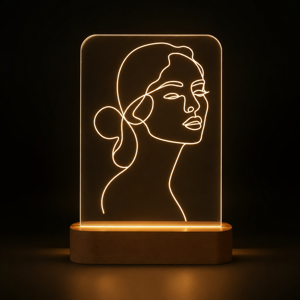 Lámpara retrato line art personalizada una línea LED metacrilato y madera