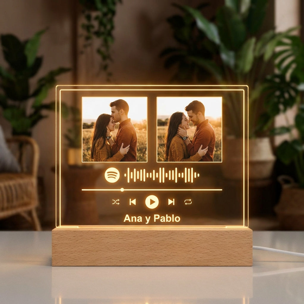 Lámpara Spotify con fotos y código personalizada con nombres LED metacrilato madera haya