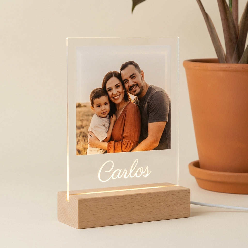 Placa lámpara con foto personalizada y nombre vertical LED metacrilato madera haya
