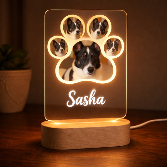 Lámpara con Huella de Mascota y Nombre | Personalizada LED Metacrilato